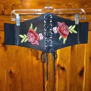 Ashley Stewart Black and Red Corset Belt with Floral Embroidery